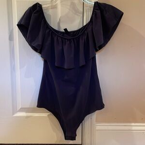 J. Crew Navy Blue Stretch Knit Ruffle Off Shoulder Body Suit size M